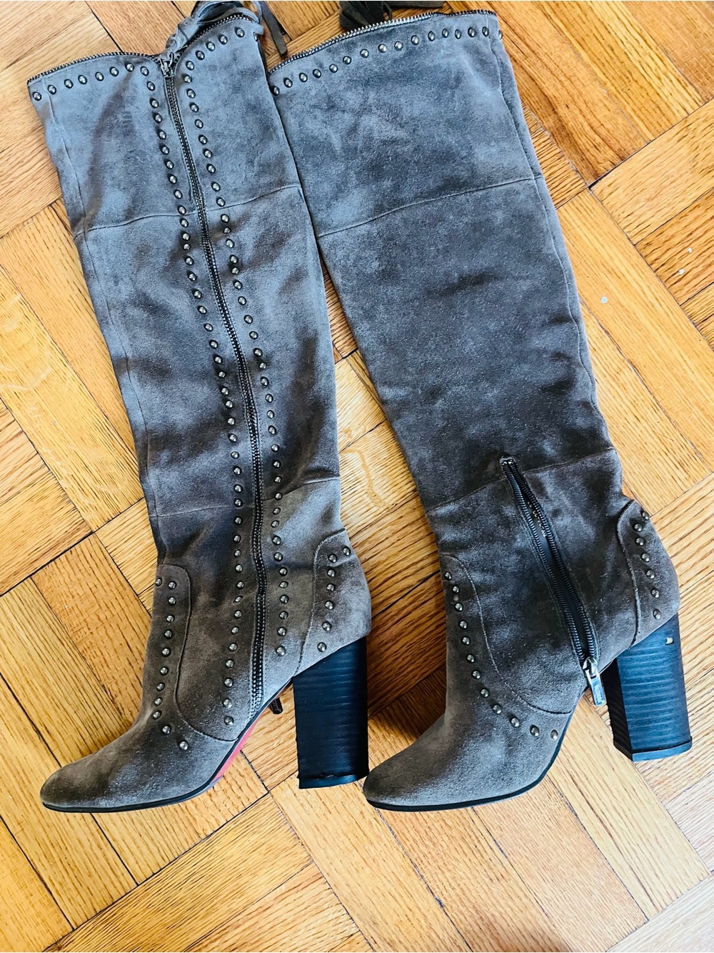 Stud-Trim Taupe Suede Block Heel Ankle Boots